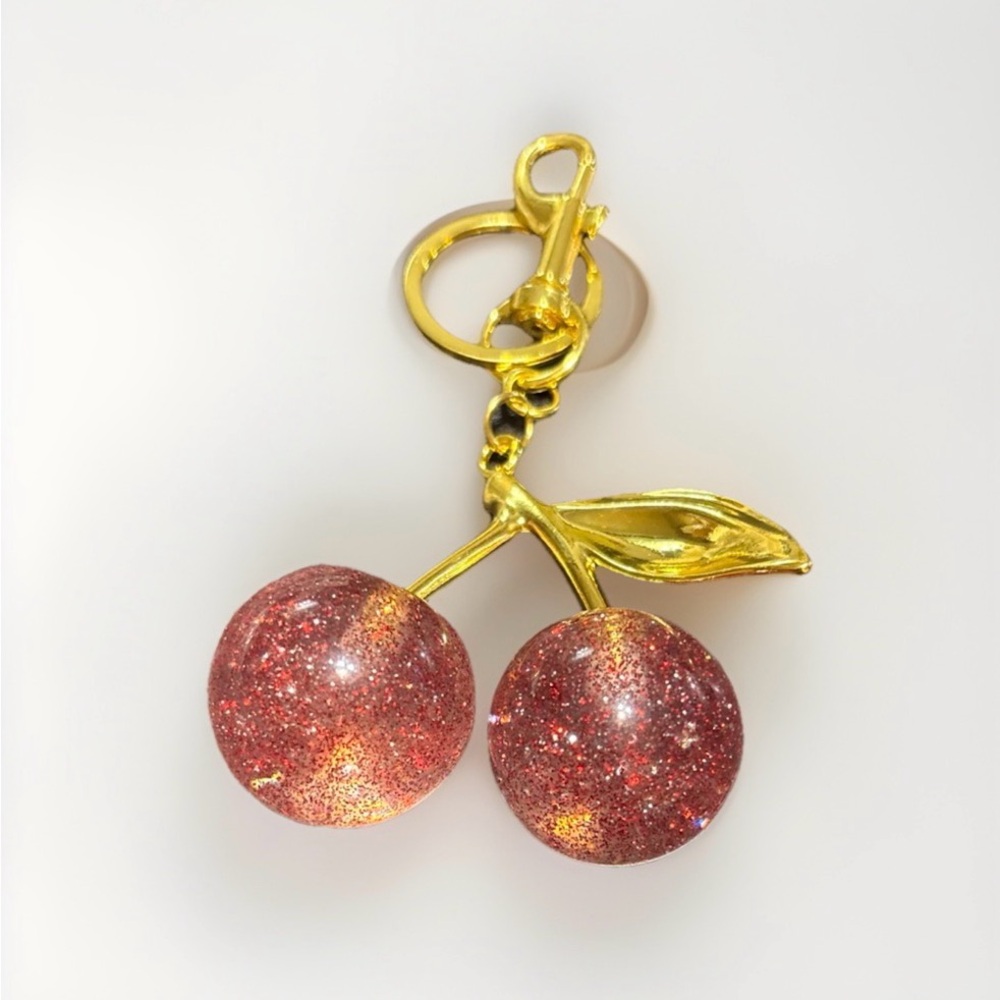Pink Cherry glittery Keychain with Gold Accents handbag accessory